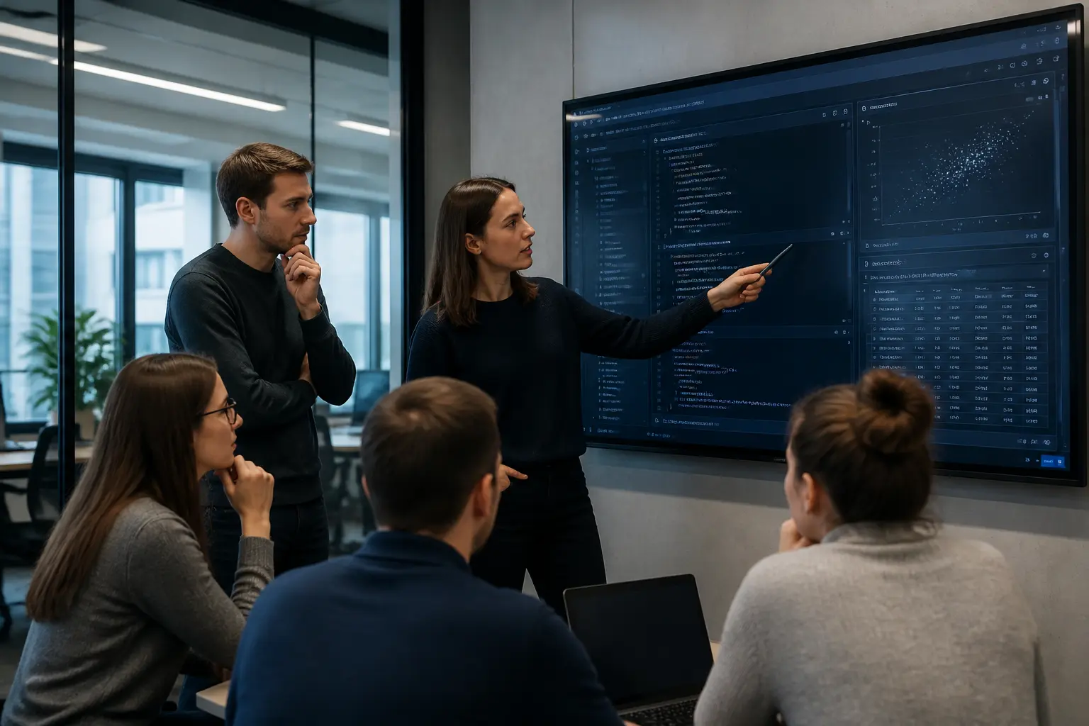 Команда фахівців обговорює впровадження Databricks біля великого екрану