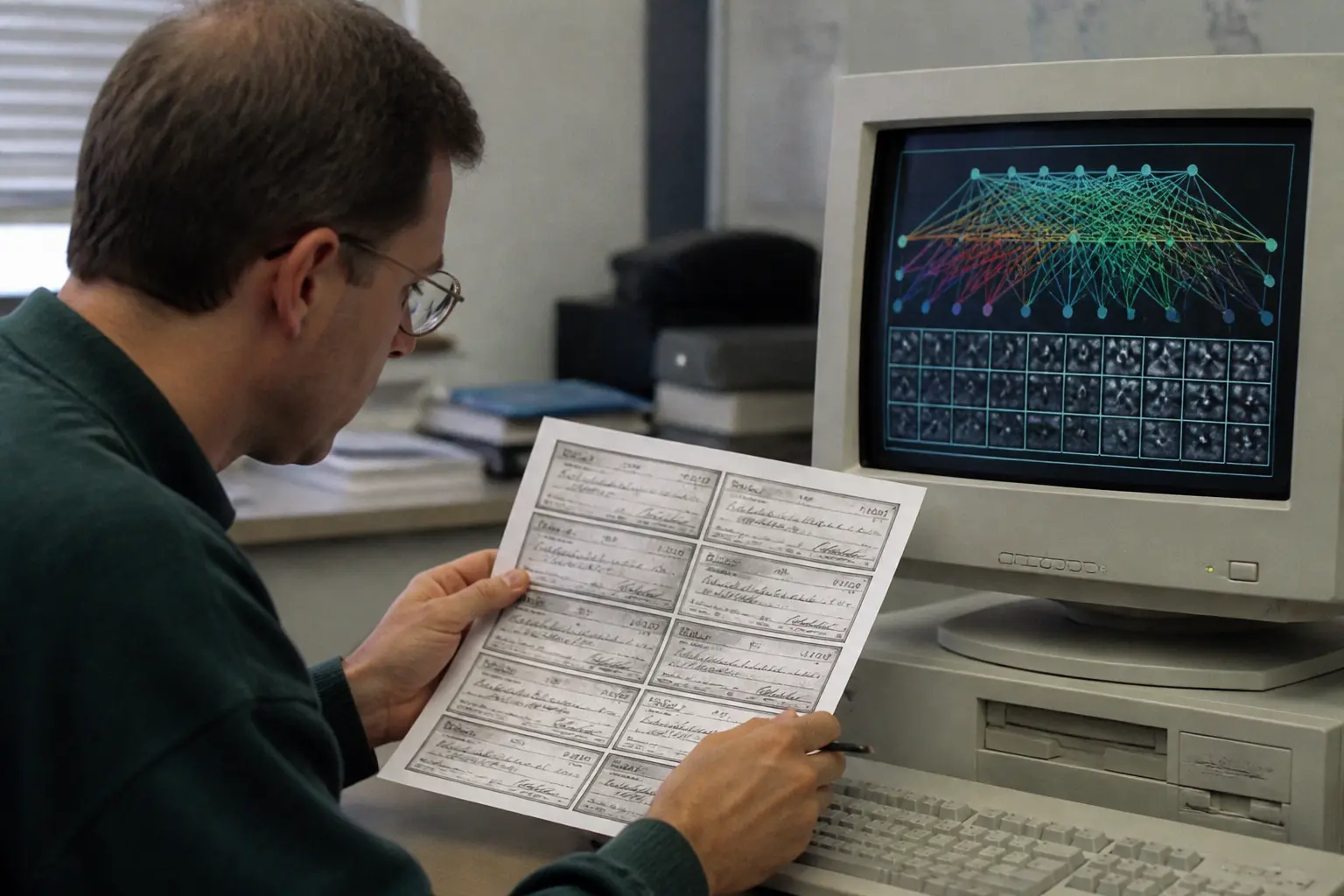 Дослідник у Bell Labs аналізує рукописні чеки поруч із монітором 1990-х років