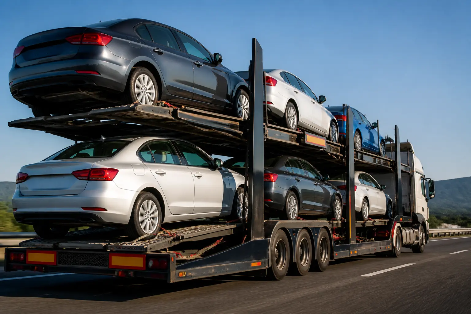 Автовоз с новыми автомобилями на трассе, оптовая поставка дилерам