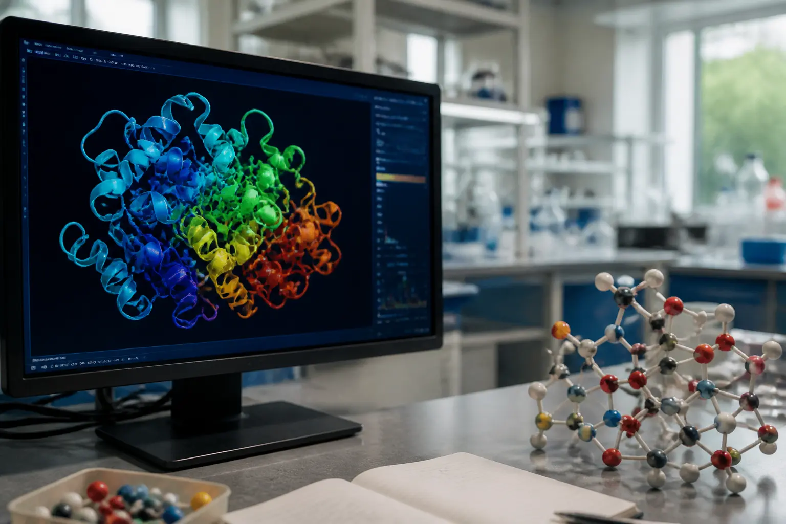 Монітор із 3D-структурою білка, передбаченою AlphaFold, поруч молекулярний конструктор