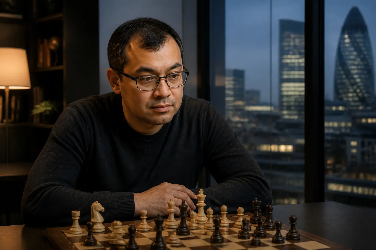 Demis Hassabis за шахівницею в офісі в Лондоні