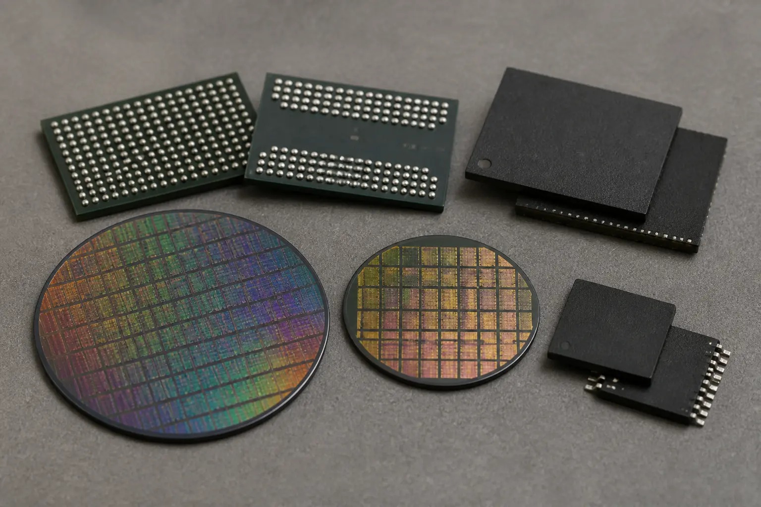Микросхемы памяти DRAM и NAND на нейтральном фоне