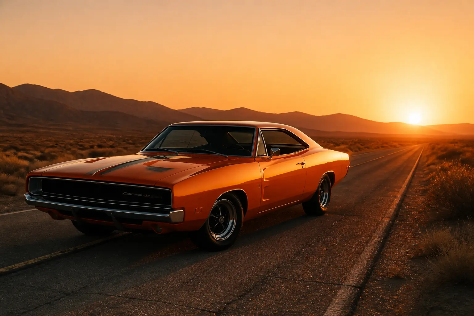 Классический Dodge Charger 1969 года на пустынной дороге на закате