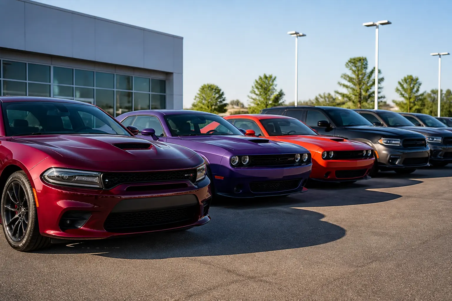 Ряд новых автомобилей Dodge на дилерской площадке