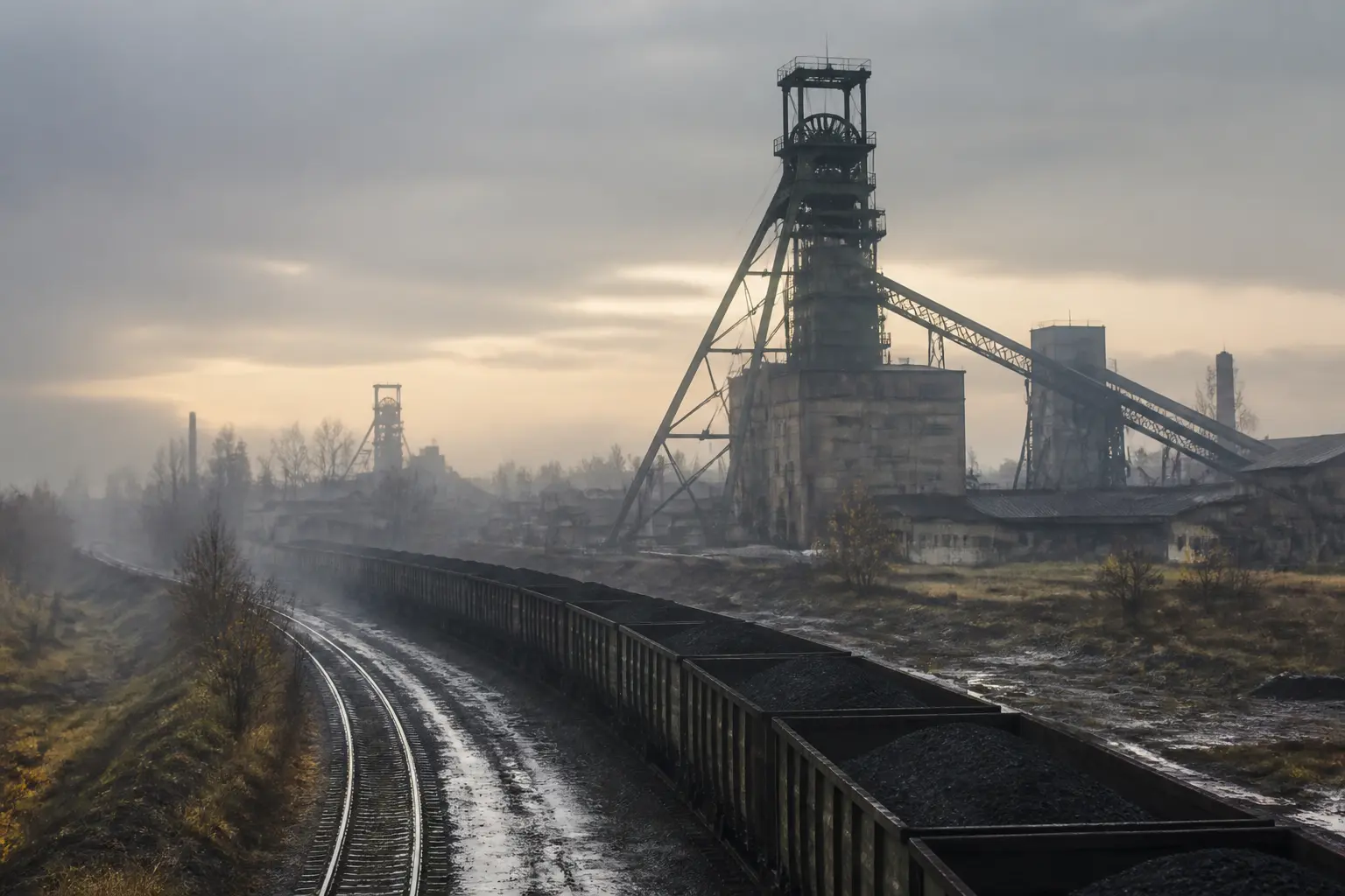 Промышленный ландшафт угольного региона с шахтной копровой башней