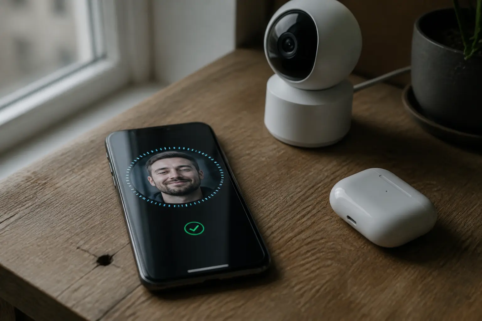 Смартфон с разблокировкой по лицу и камера на столе — устройства с локальным AI
