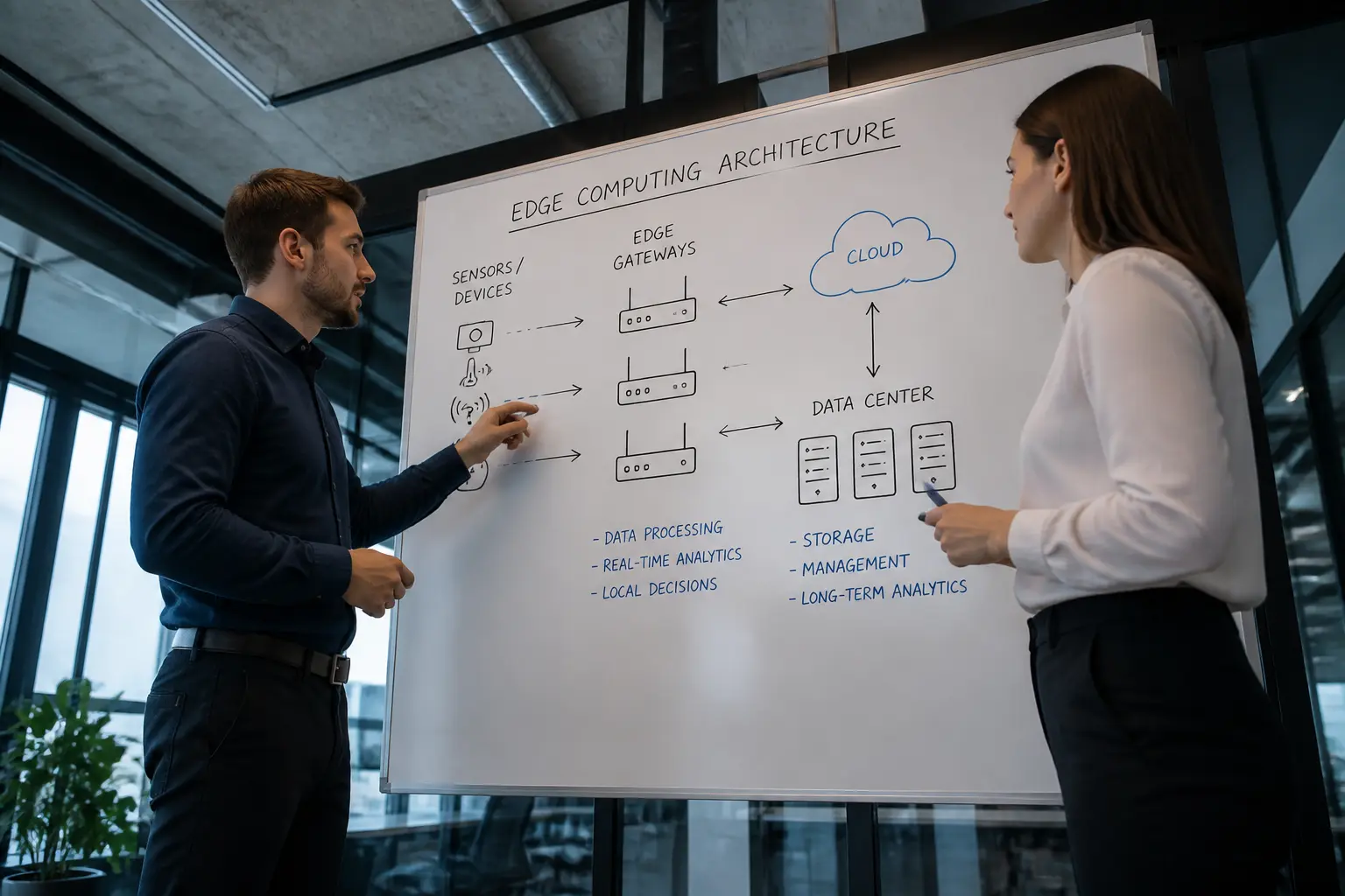 Бизнес-встреча с обсуждением архитектуры edge computing на доске