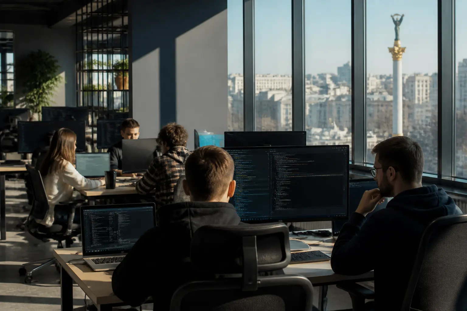 Команда IT-спеціалістів працює у сучасному київському офісі
