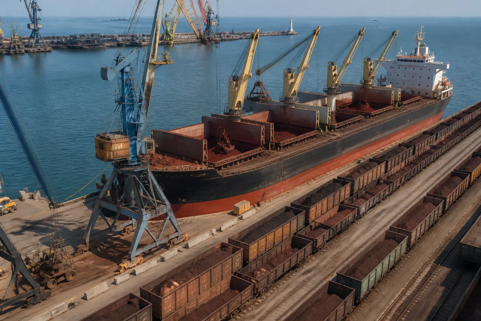 Навалочне судно під завантаженням залізної руди в морському порту