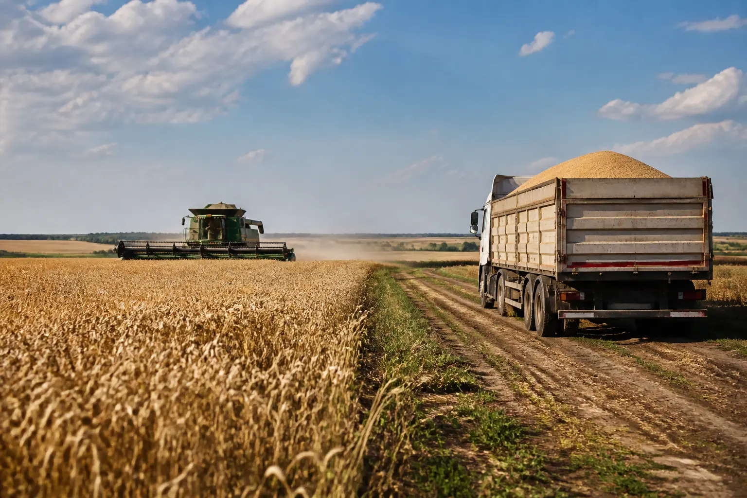 Збирання пшениці на полі в Україні під час жнив