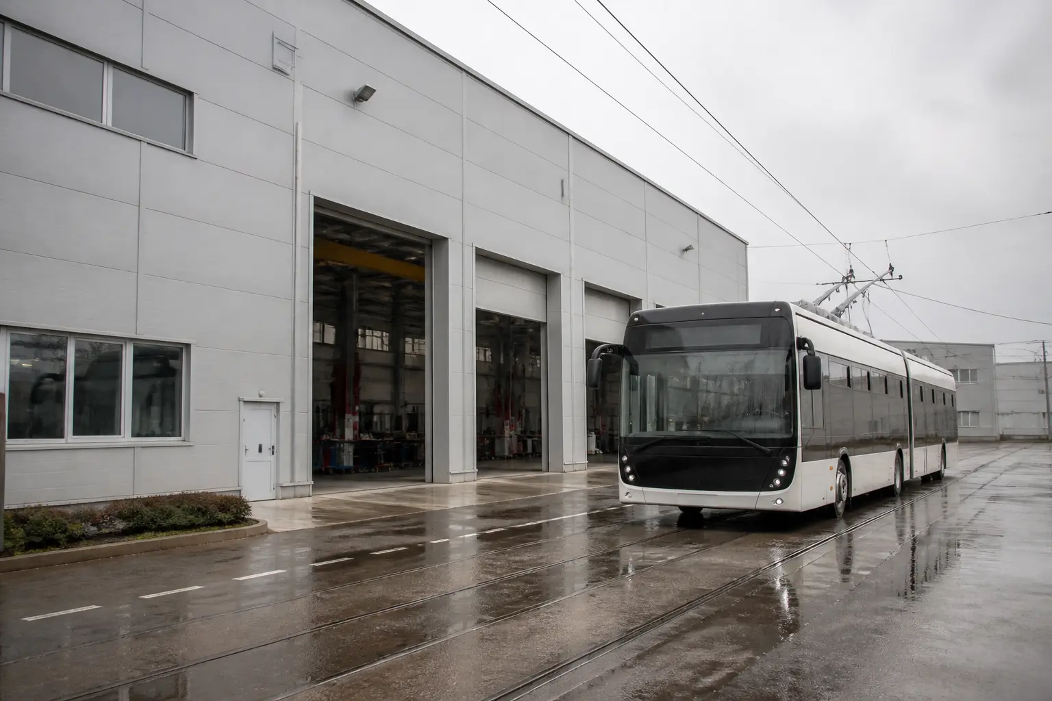 Виробничий комплекс «Електрон» у Львові з тролейбусом біля цеху