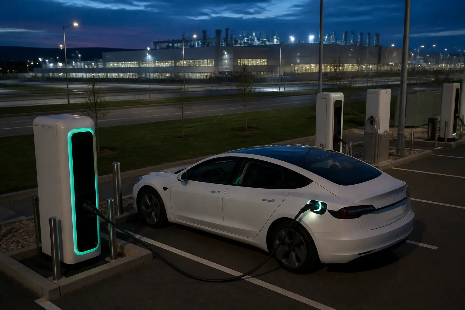 Электромобиль Tesla на зарядной станции возле гигафабрики