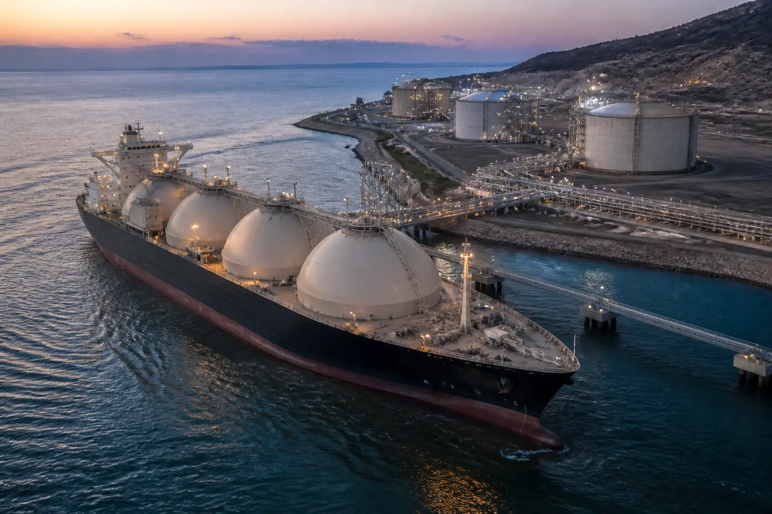 Танкер-газовоз біля берегового терміналу регазифікації LNG