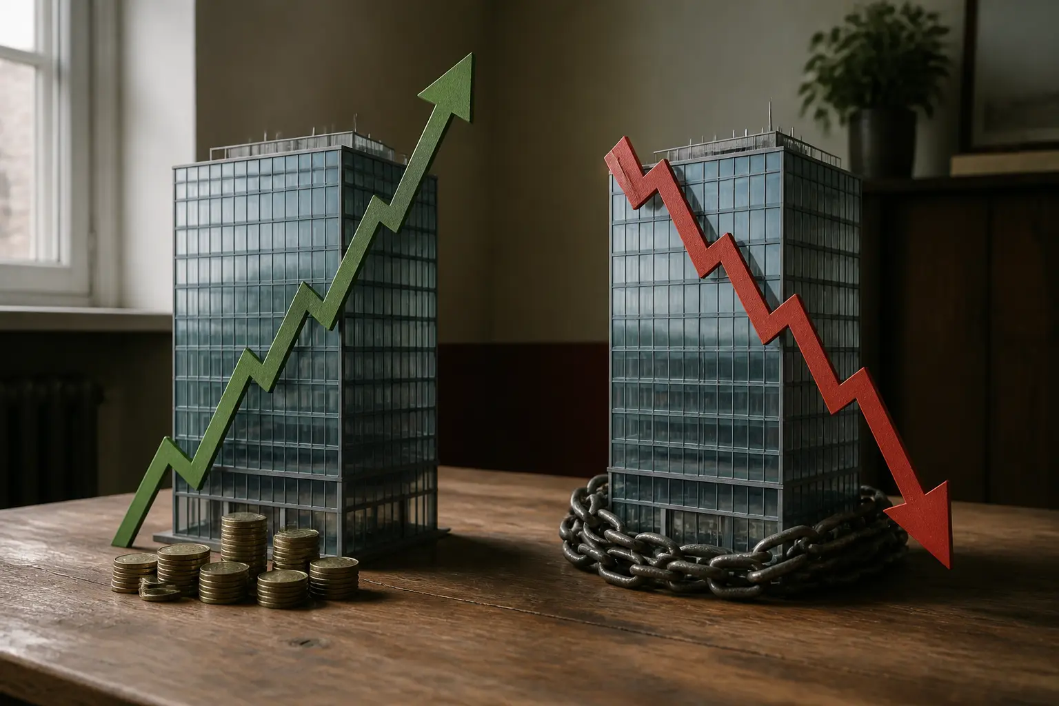 Два офісні будинки з різним рівнем боргу