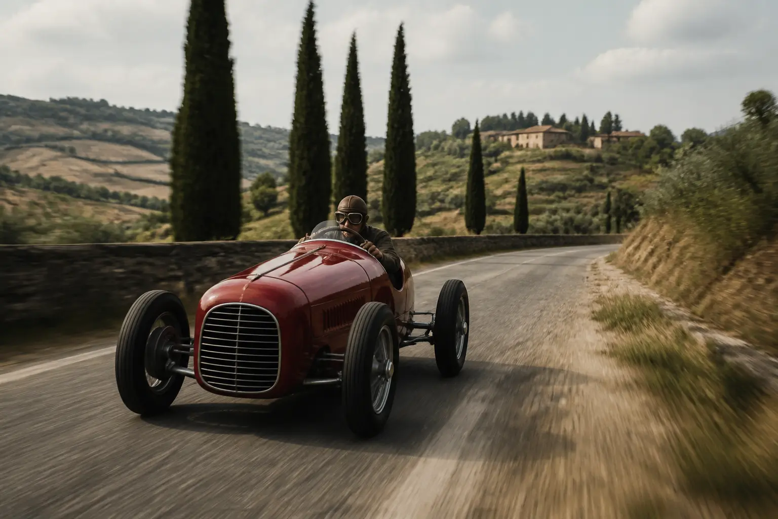 Перший автомобіль Ferrari 125 S на звивистій італійській дорозі у 1947 році