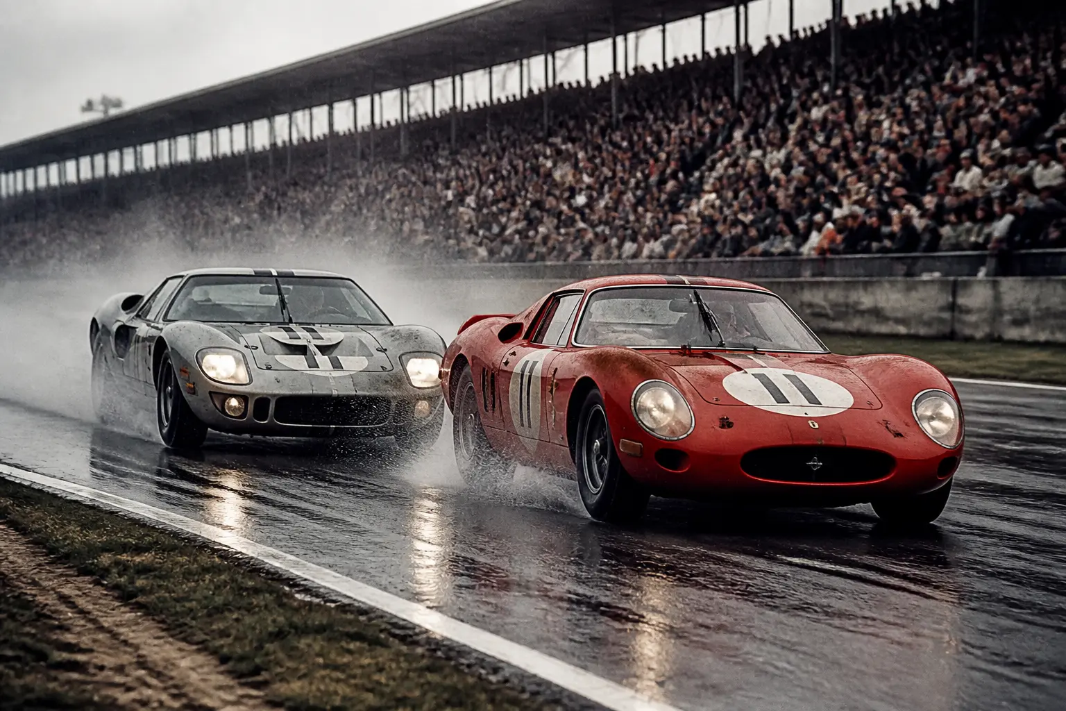 Ferrari та Ford GT40 змагаються на трасі Ле-Ман у 1966 році в дощову погоду