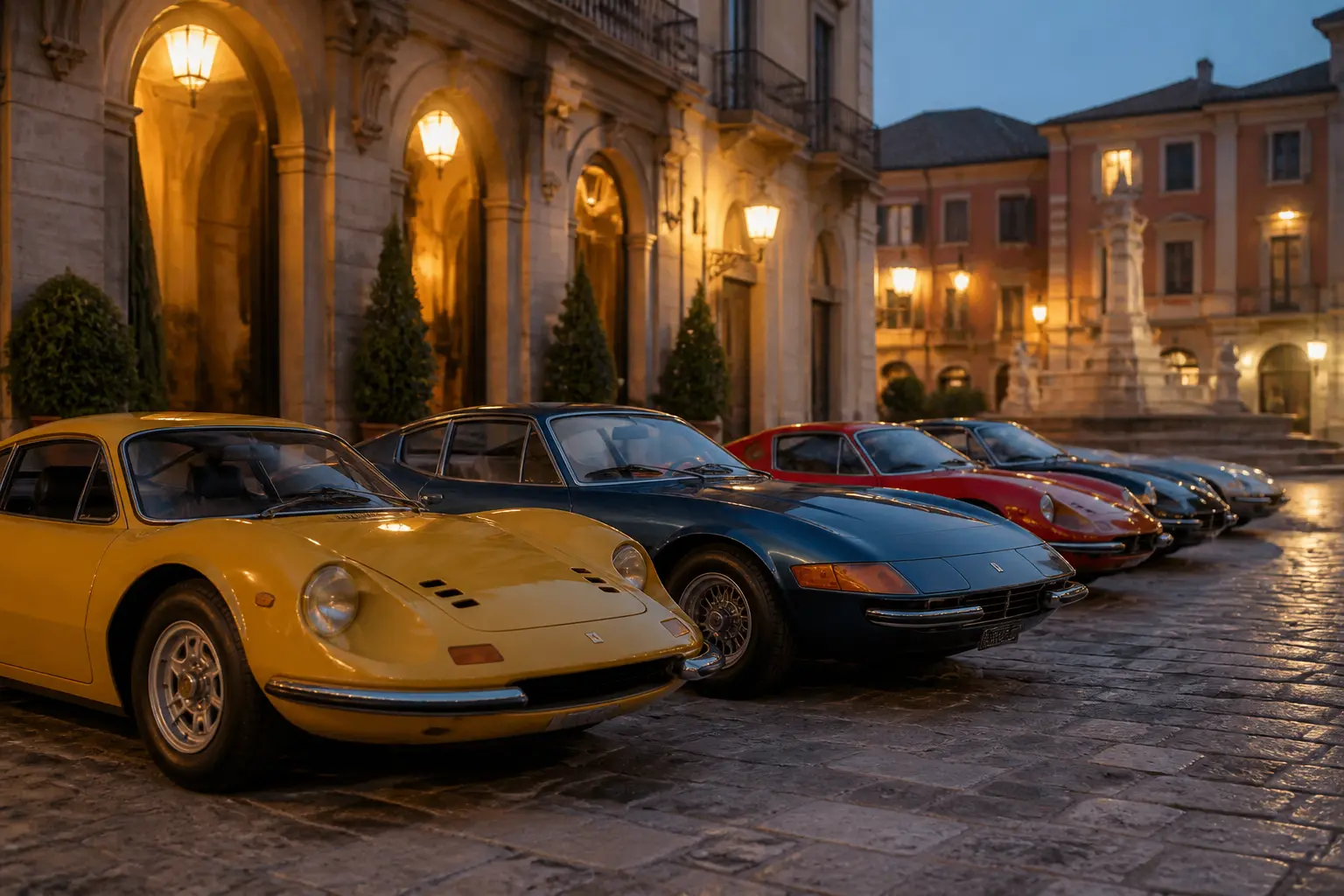 Класичні дорожні Ferrari кінця 1960-х років на італійській площі в сутінках