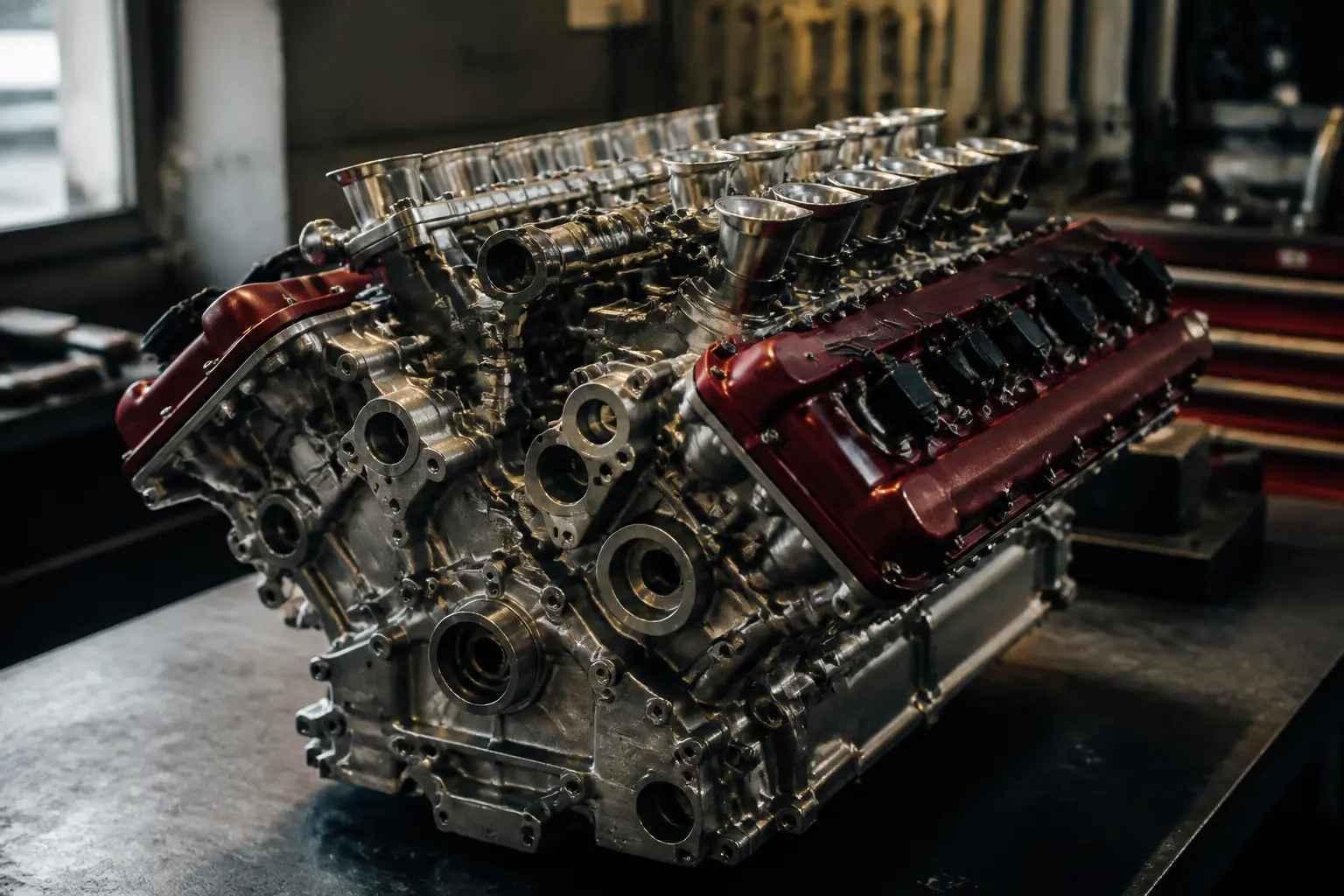Двигун Ferrari V12 на верстаку в сучасній майстерні, демонстрація інженерної досконалості