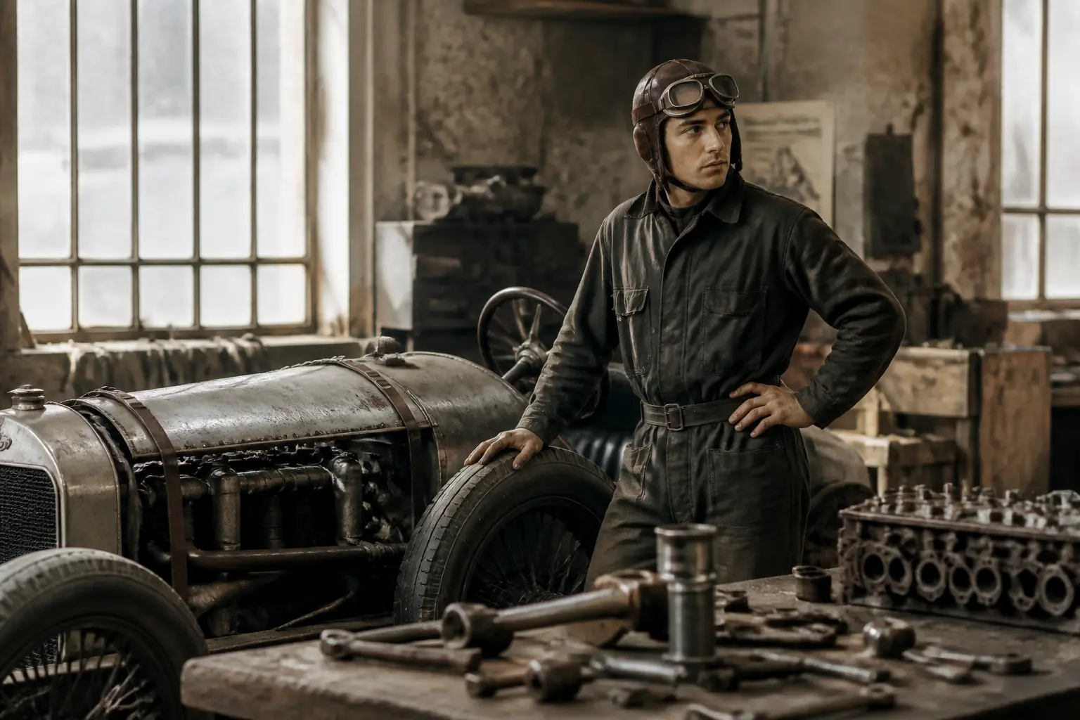 Молодий Енцо Феррарі біля раннього гоночного автомобіля Alfa Romeo в майстерні 1920-х років