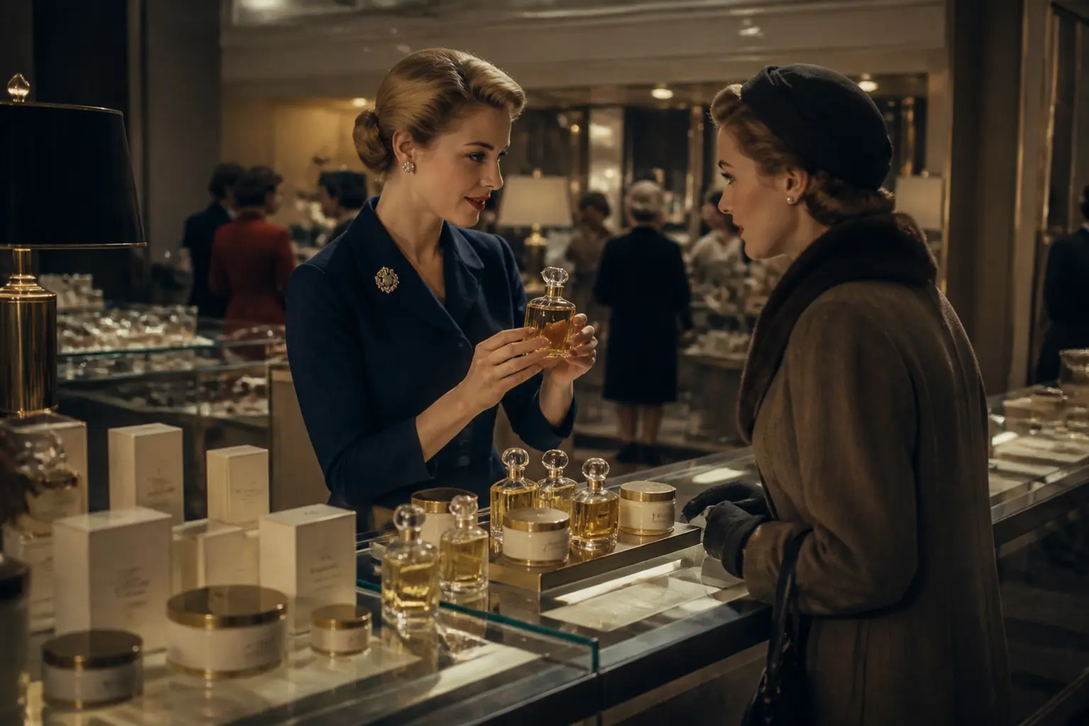 Консультантка демонструє парфуми Estée Lauder у розкішному універмазі 1950-х