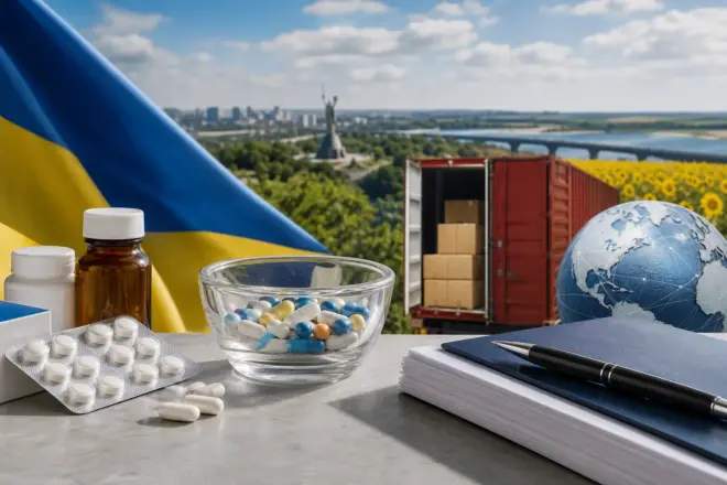 Умовний колаж: ліки, прапор України, глобус і вантажний контейнер