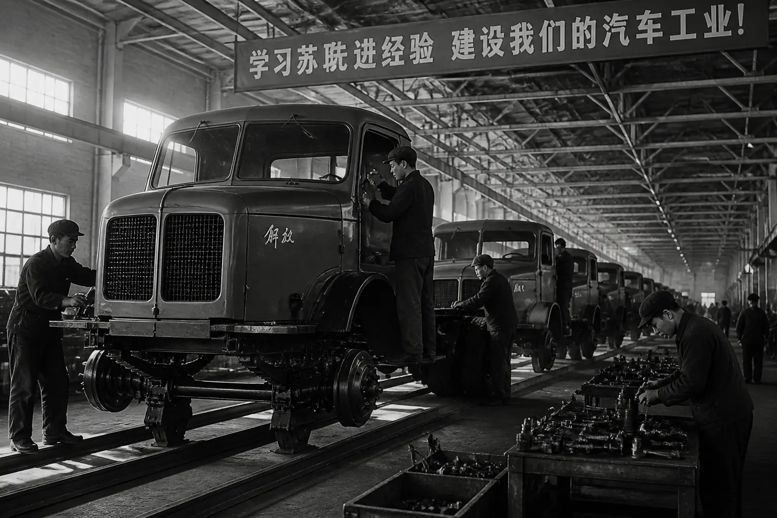 Сборочная линия грузовиков Jiefang на заводе FAW в1950-х годах