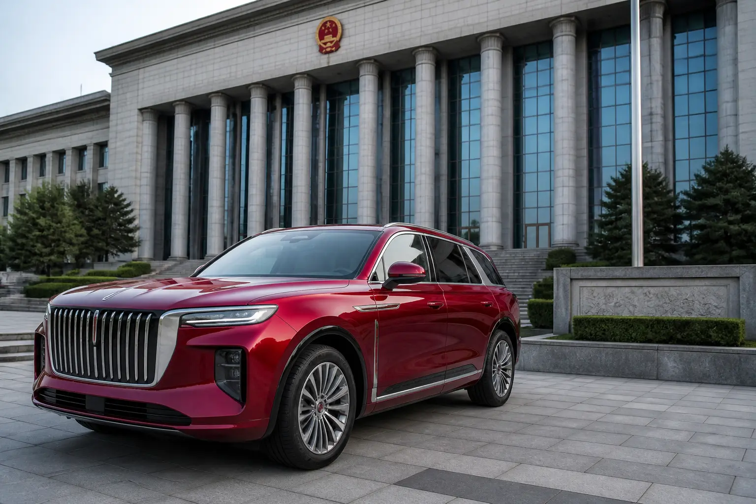 Электрокроссовер Hongqi E-HS9 на фоне современного правительственного здания