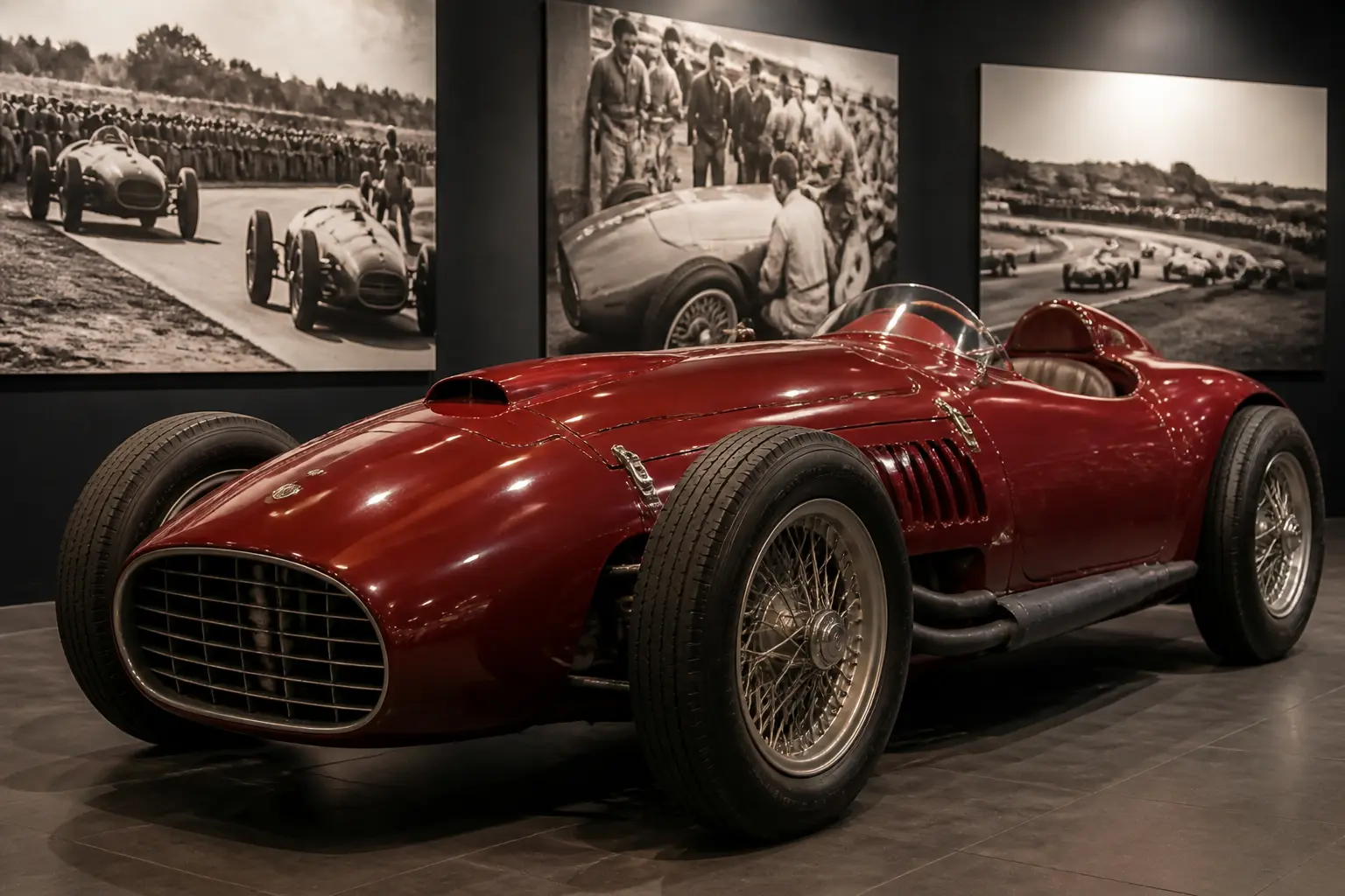 Класичний гоночний автомобіль 1950-х у музейній залі