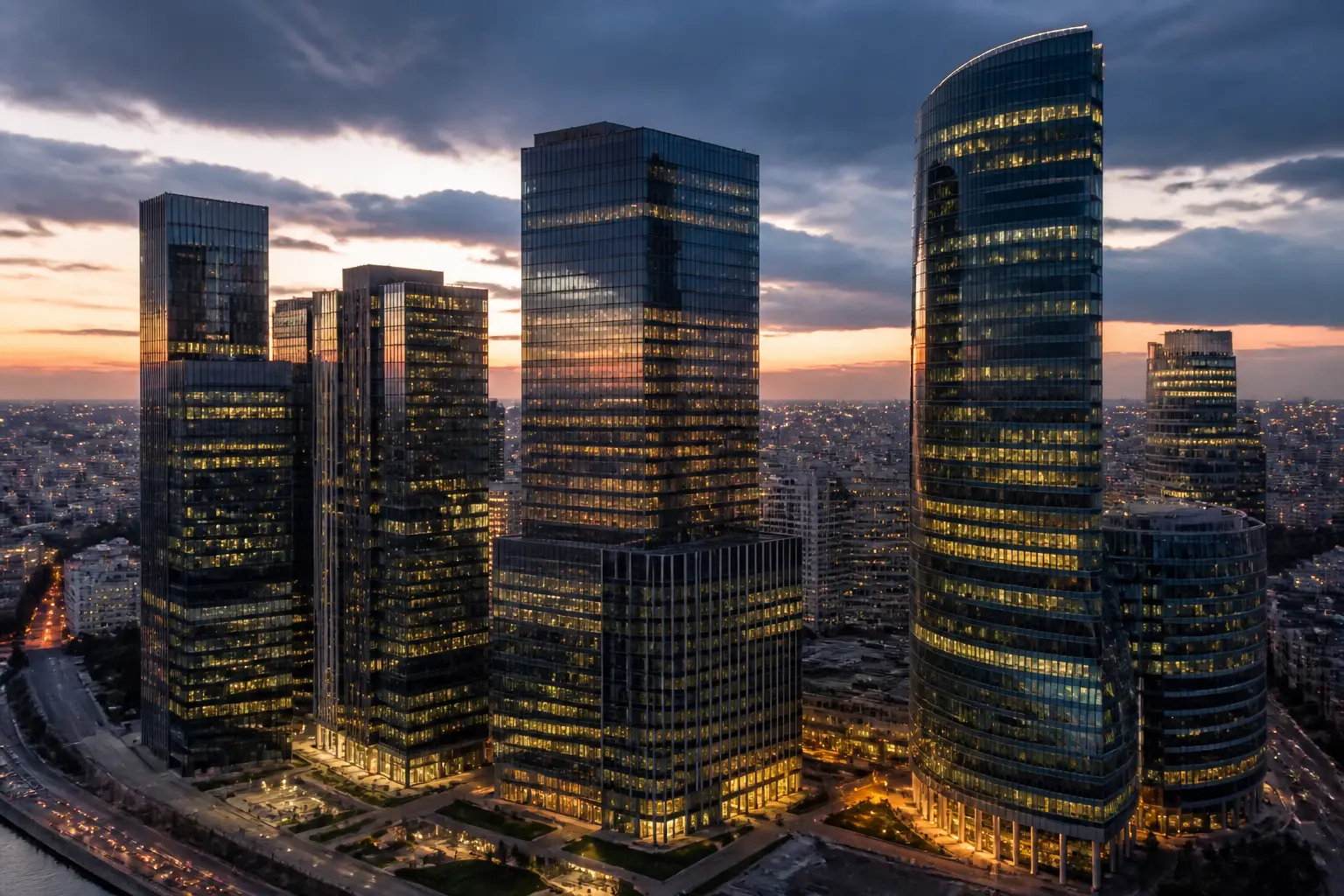 Діловий квартал із хмарочосами банків і корпорацій увечері
