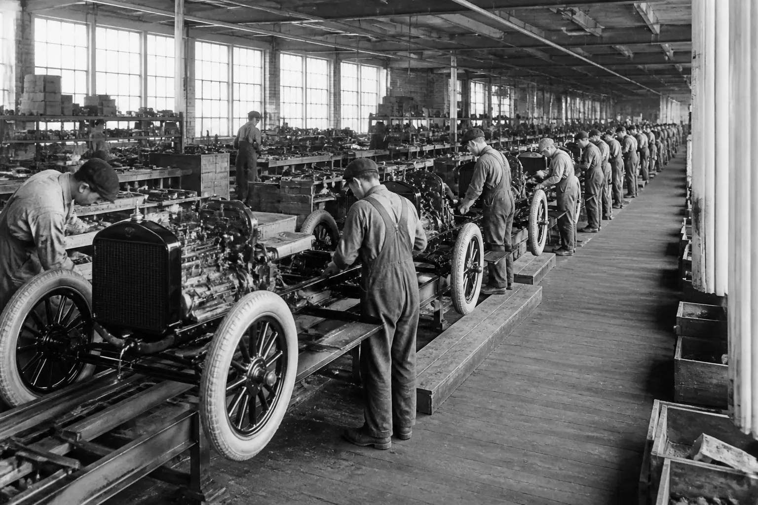 Движущийся конвейер на заводе Ford начала XX века