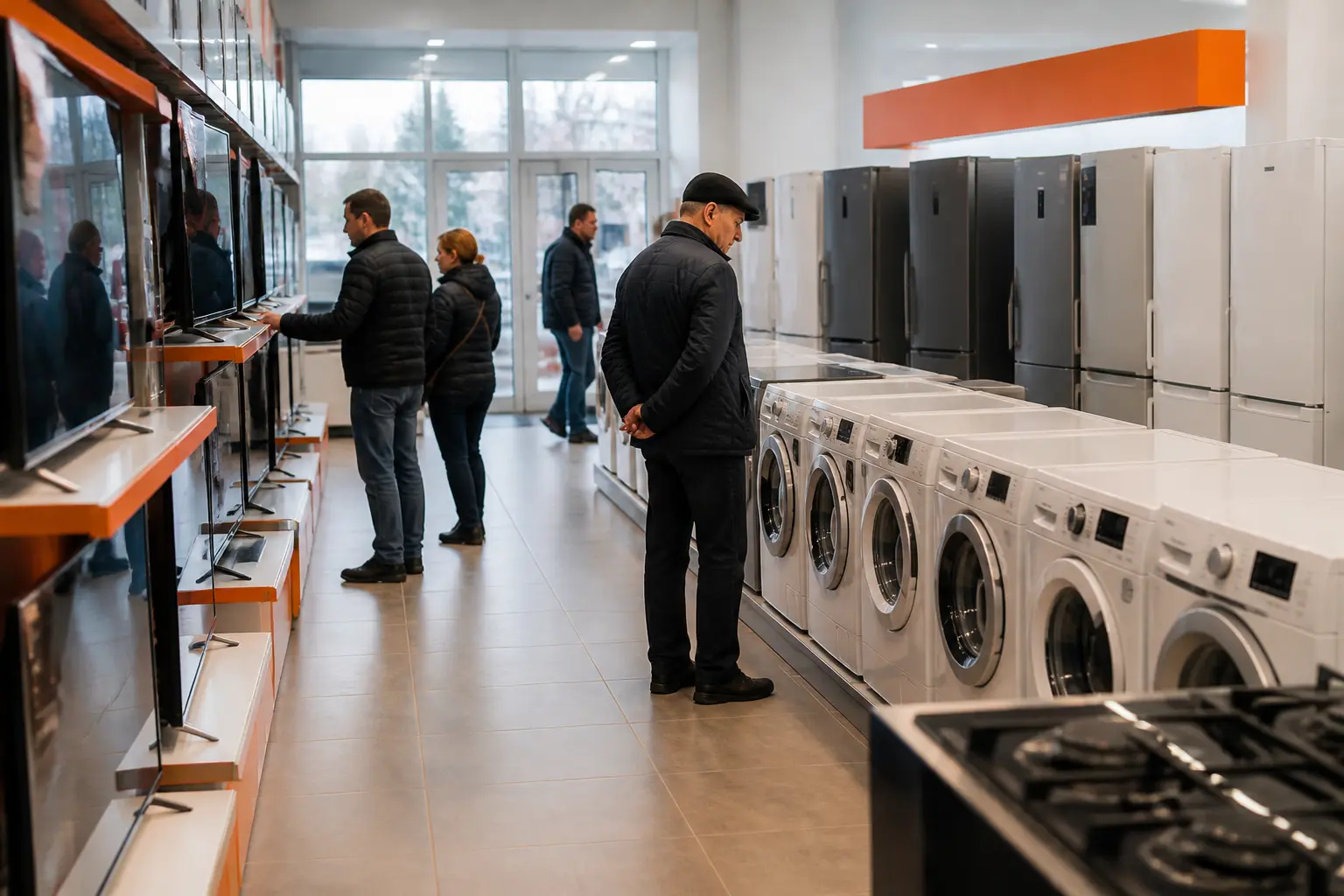 Зал магазина електроніки з телевізорами та побутовою технікою