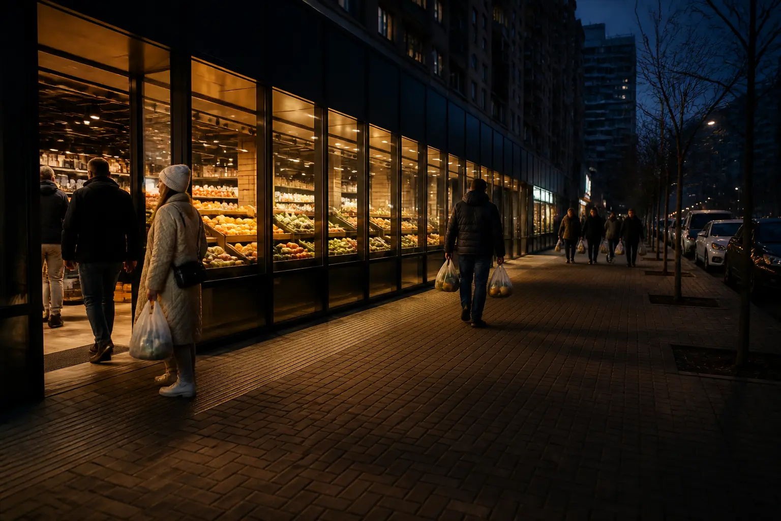Вечірня вулиця українського міста з продуктовими магазинами