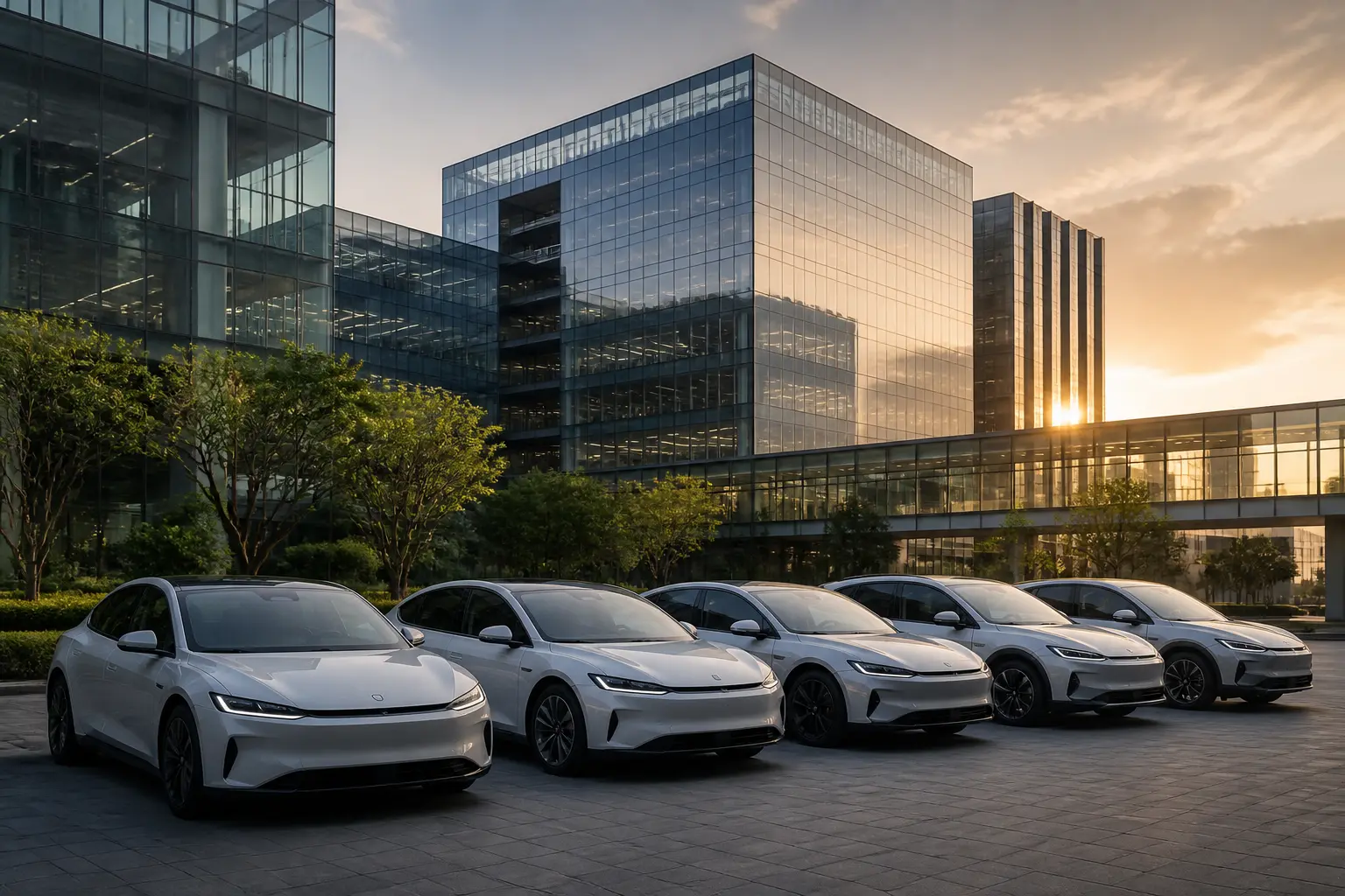 Корпоративний кампус автомобільної групи в Гуанчжоу з електромобілями біля офісу