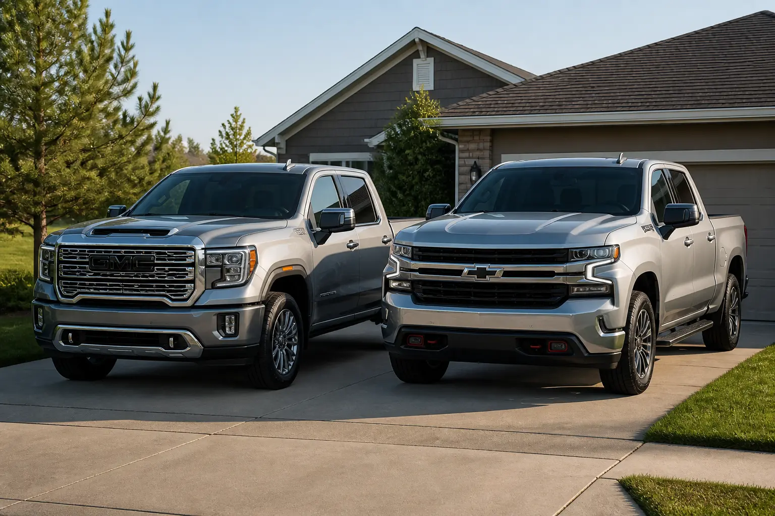 GMC Sierra та Chevrolet Silverado поруч на під'їзній дорозі