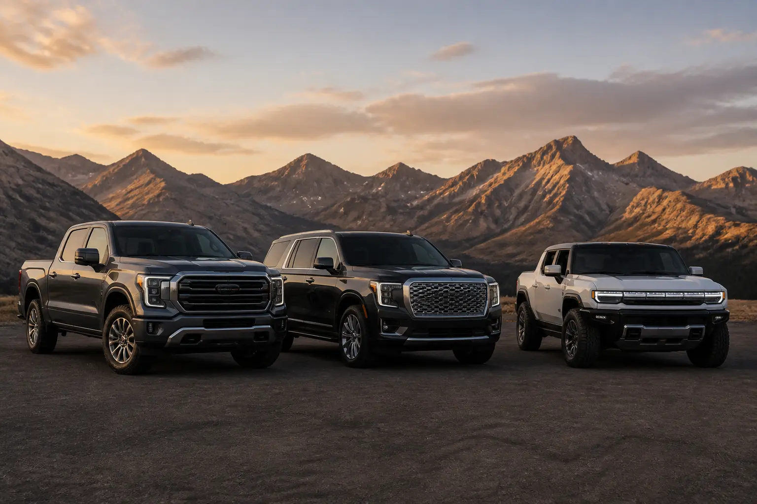 GMC Sierra, Yukon та Hummer EV на фоні гір
