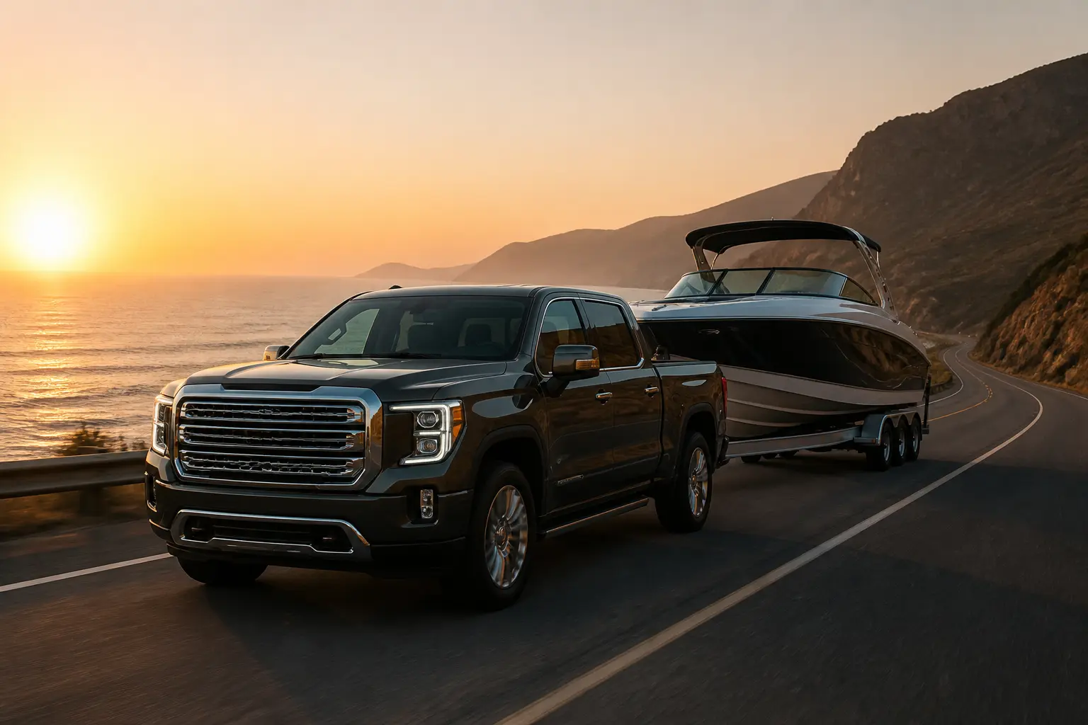 GMC Sierra Denali буксирує човен по прибережному шосе