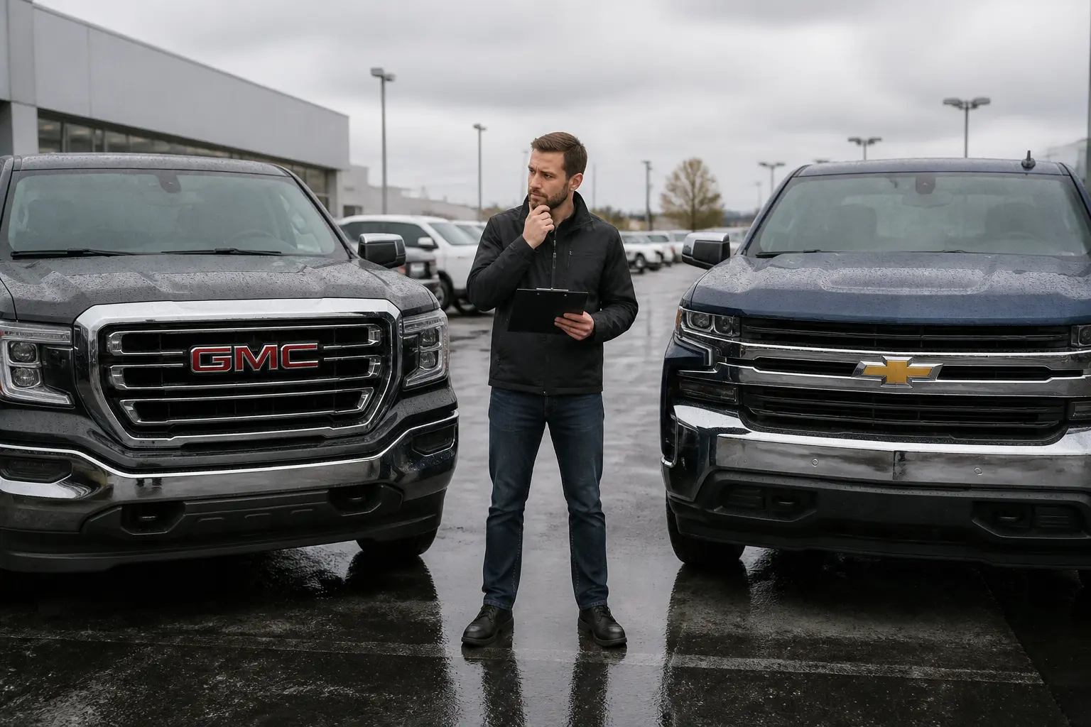 Людина обирає між пікапами GMC та Chevrolet на майданчику дилера
