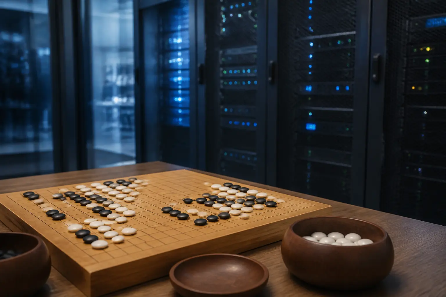 Доска для игры в го на фоне серверной стойки как символ истории DeepMind