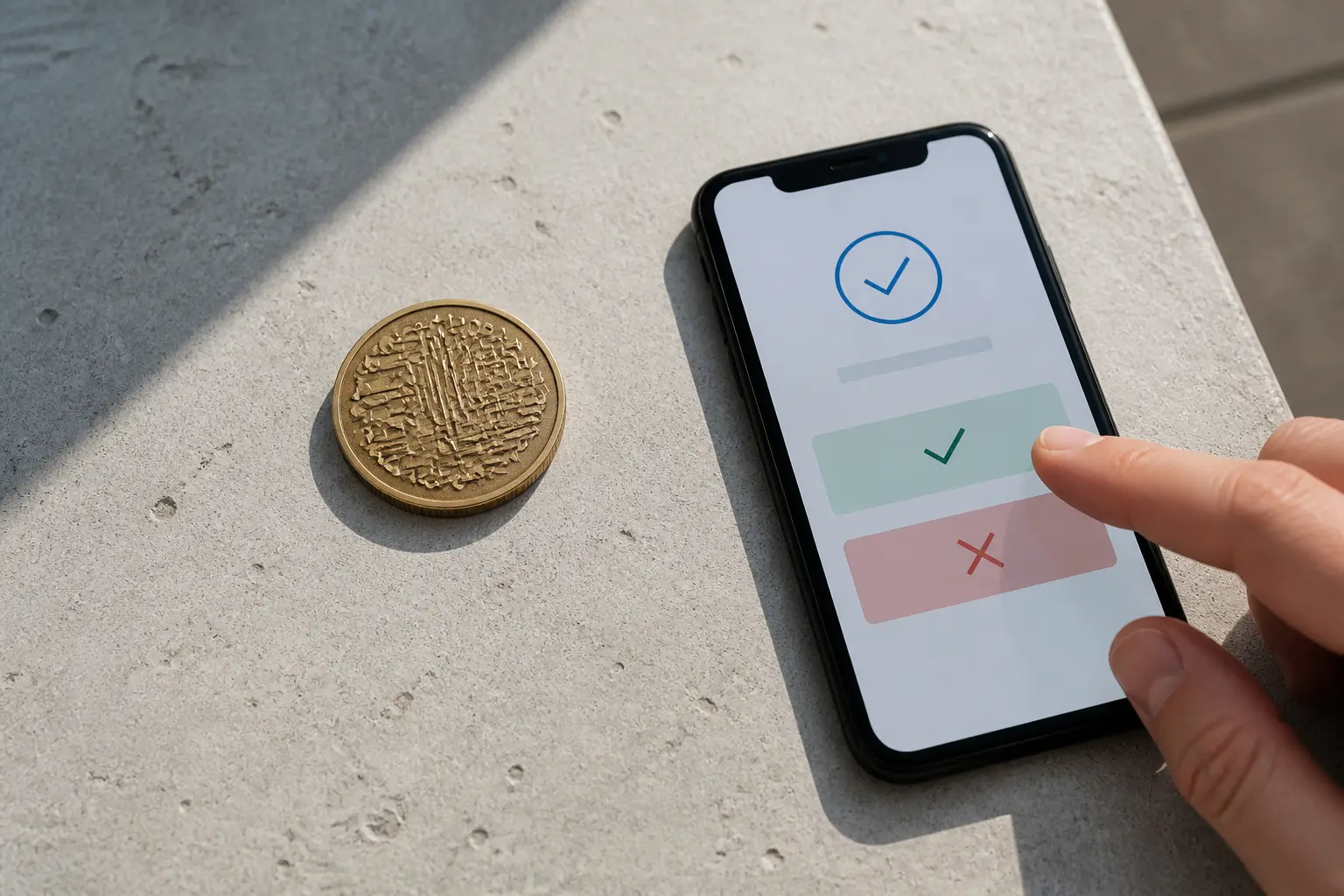 Фізичний токен поруч зі смартфоном із інтерфейсом голосування