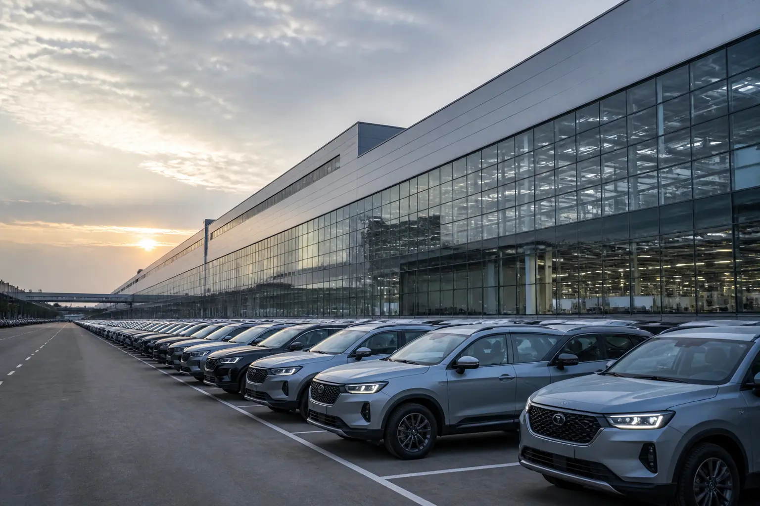 Територія сучасного автомобільного заводу в Китаї з рядами нових кросоверів