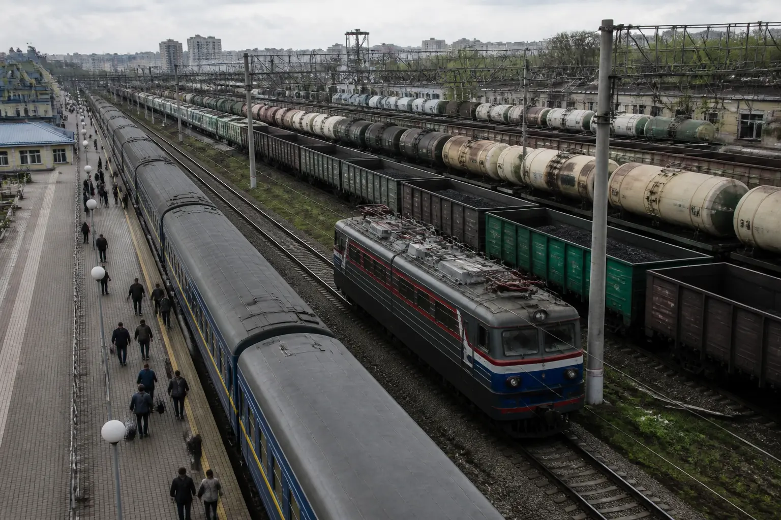 Залізничний вузол із вантажними та пасажирськими потягами біля Харкова