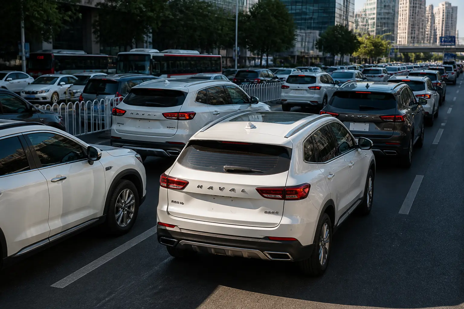 Городская улица в Китае с автомобилями Haval, демонстрирующая популярность бренда