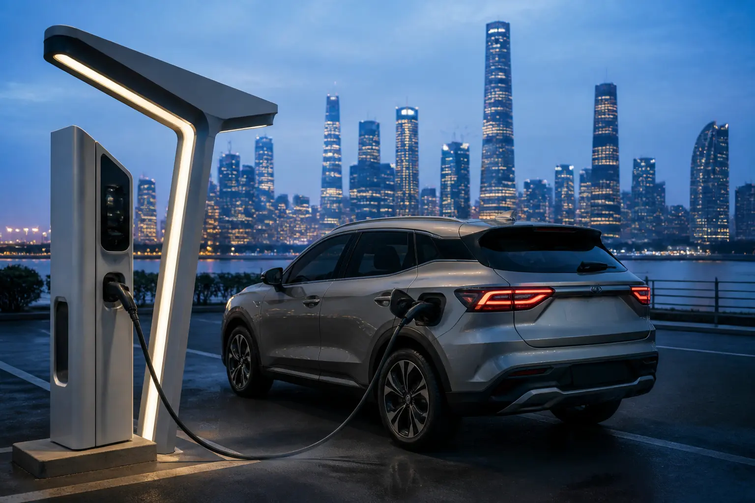 Гибридный кроссовер Haval на зарядной станции на фоне современного города