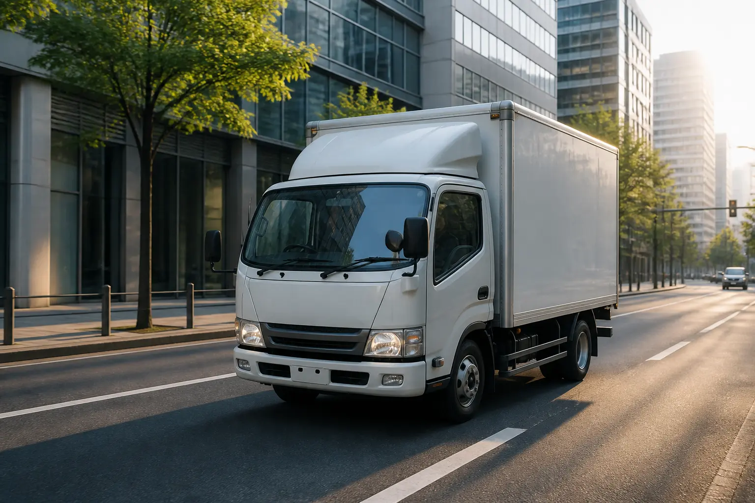 Современный гибридный грузовик Hino 300 в городе