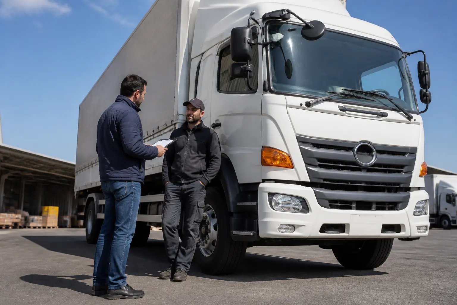 Менеджер автопарка и водитель возле грузовика Hino 500