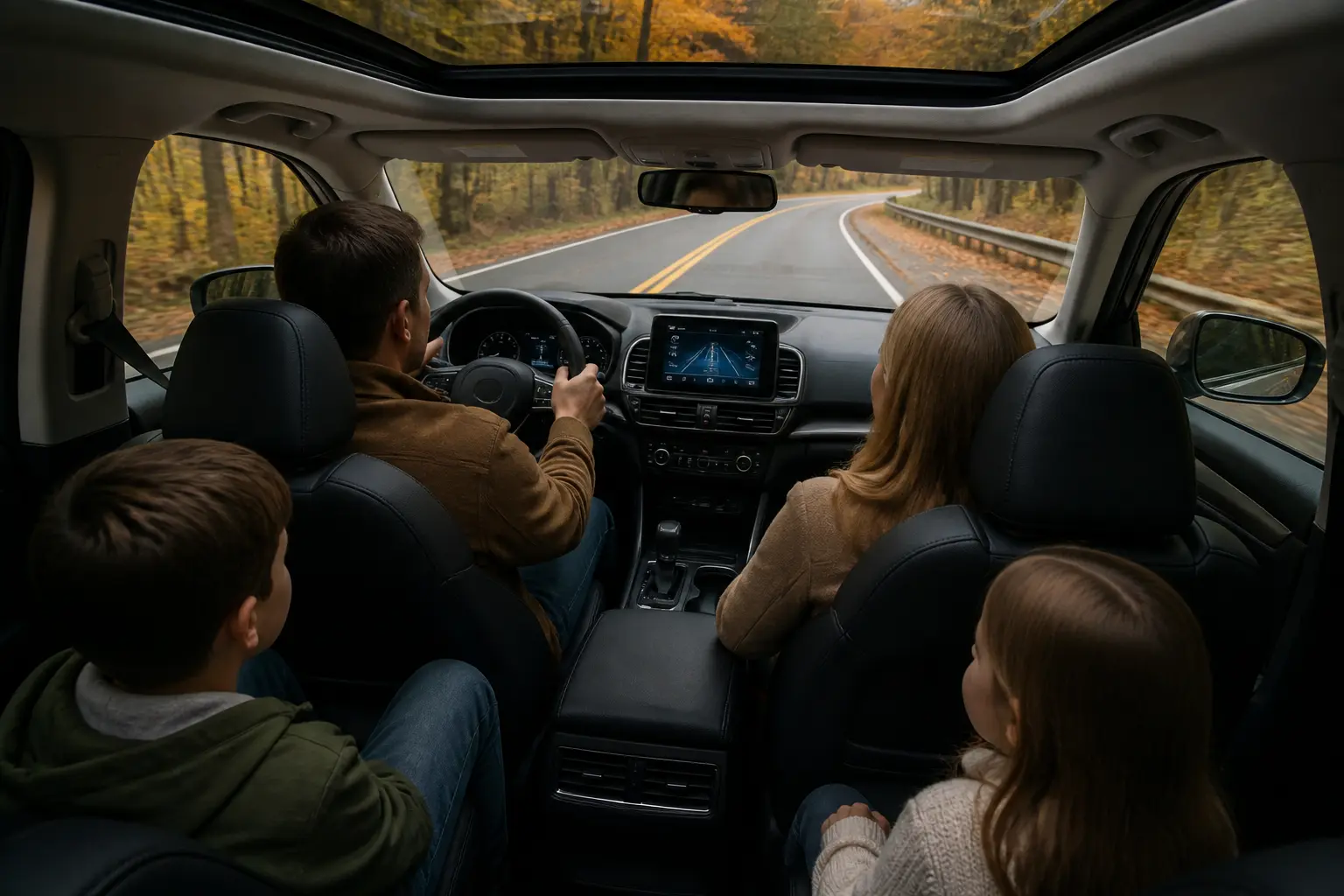 Семья в салоне Honda CR-V во время поездки осенним лесом