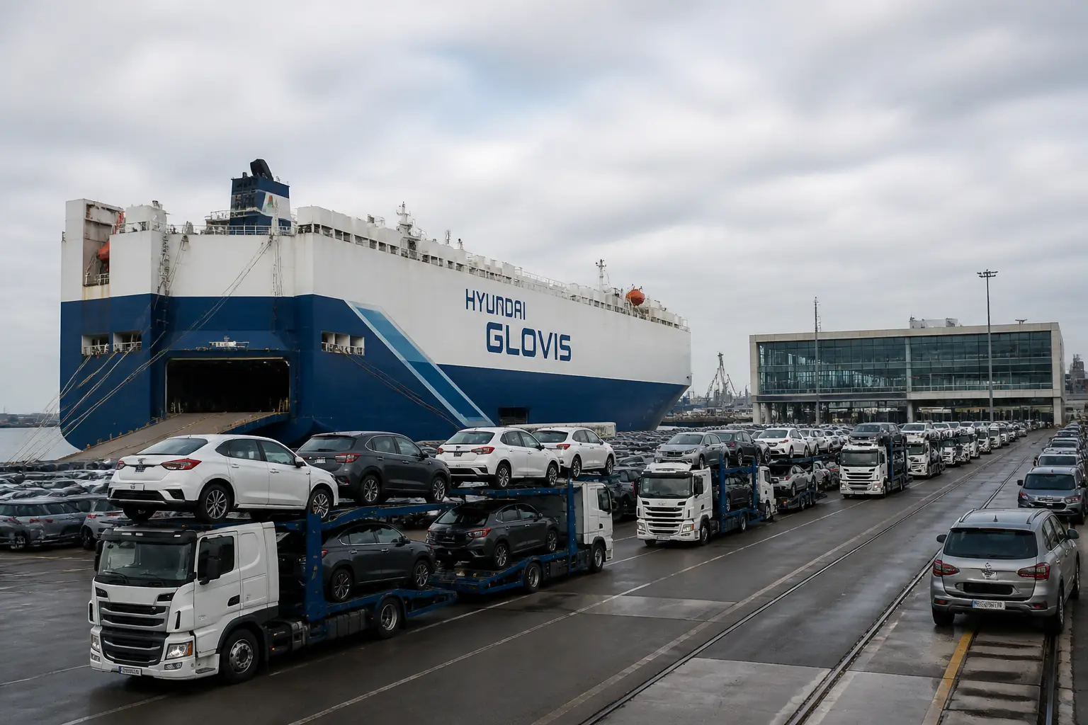 Порт з контейнеровозом та автовозами, логістичний центр Hyundai Glovis