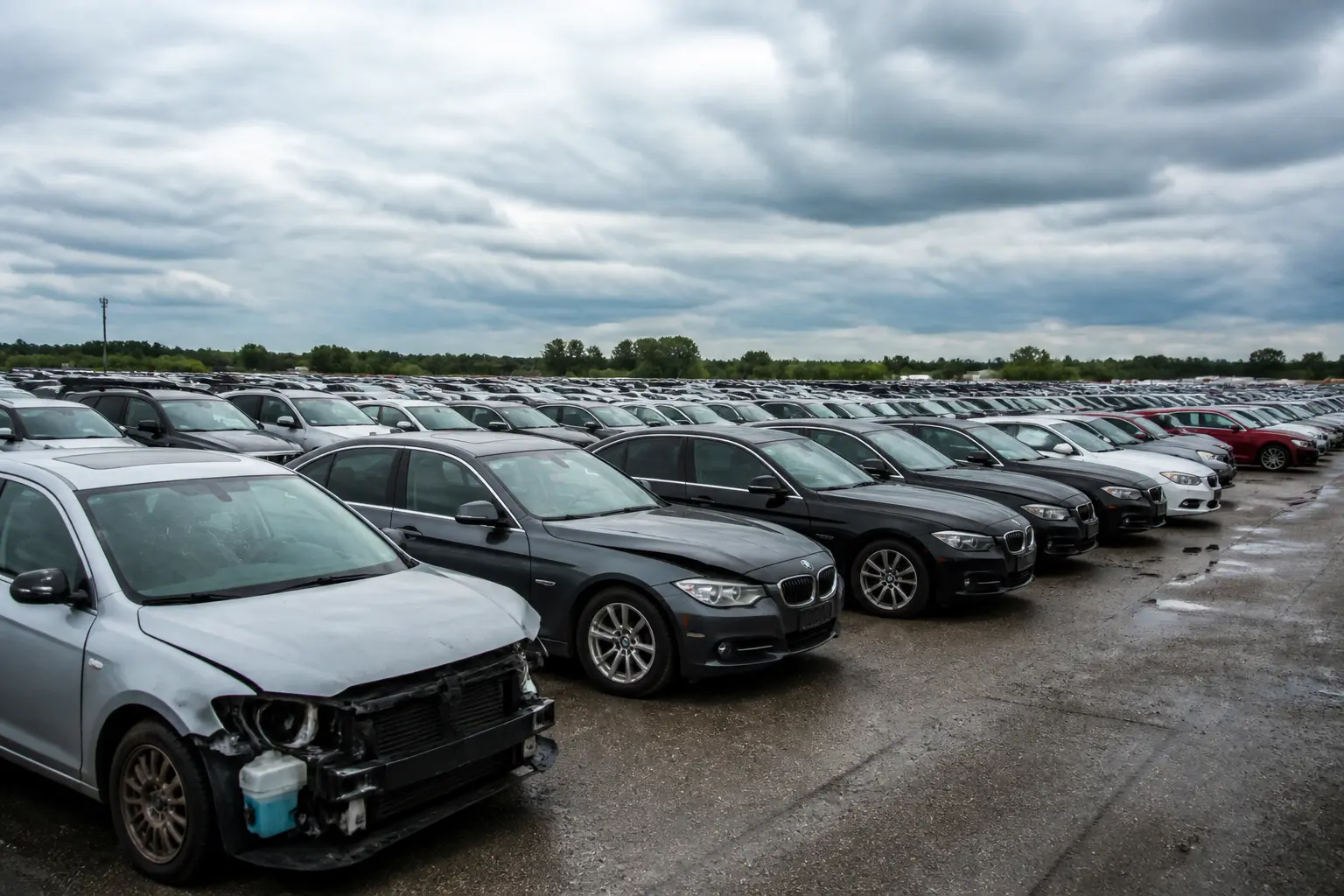 Большая площадка с подержанными автомобилями на страховом аукционе
