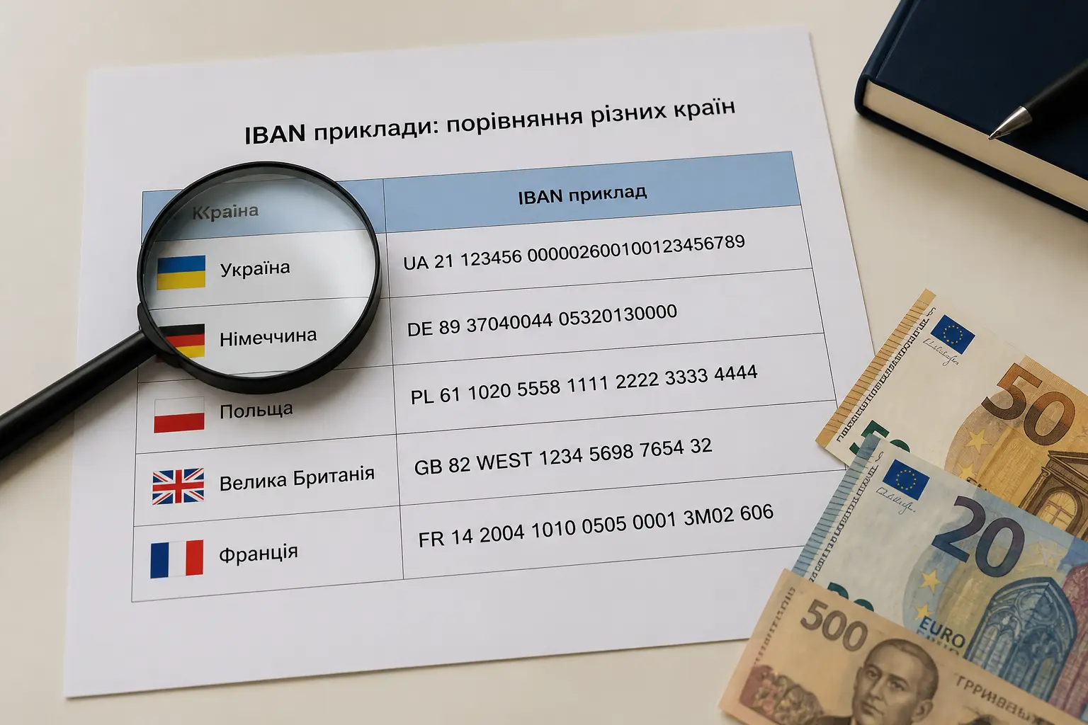 Надрукована таблиця з прикладами IBAN різних країн, поруч гроші та лупа