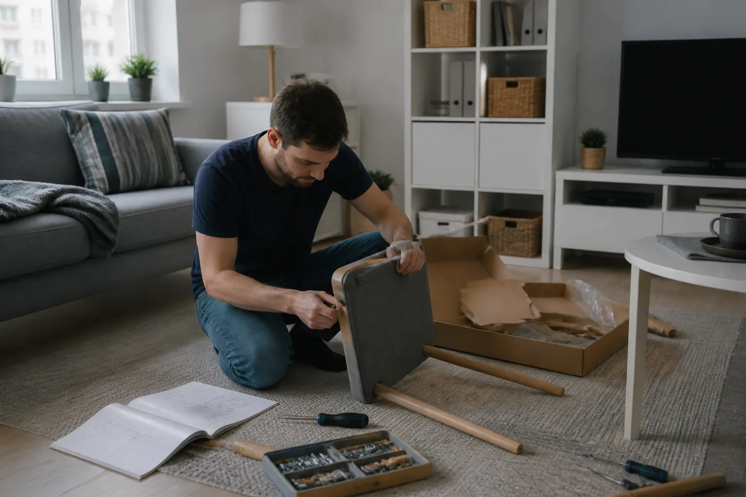 Гостиная с мебелью в стиле flat-pack и процесс сборки стула